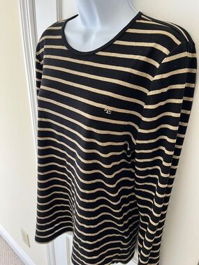 Ralph Lauren Shirt Metallic Gold Black Stripes Long Sleeve Womens XL Preppy Logo